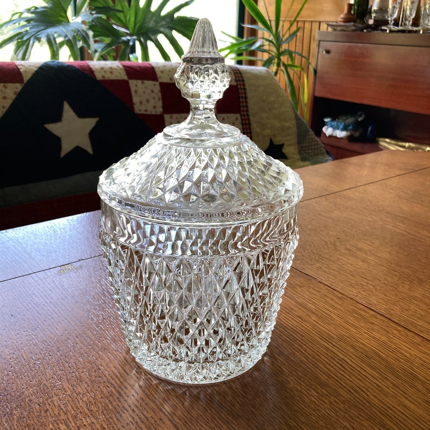 Indiana Glass Diamond Point Ice Bucket with Lid Vintage MCM Barware USA