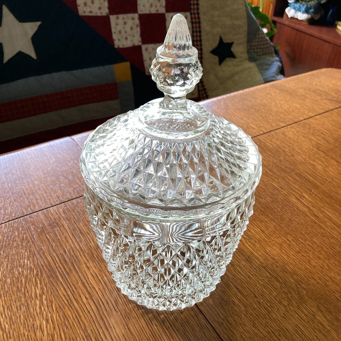 Indiana Glass Diamond Point Ice Bucket with Lid Vintage MCM Barware USA