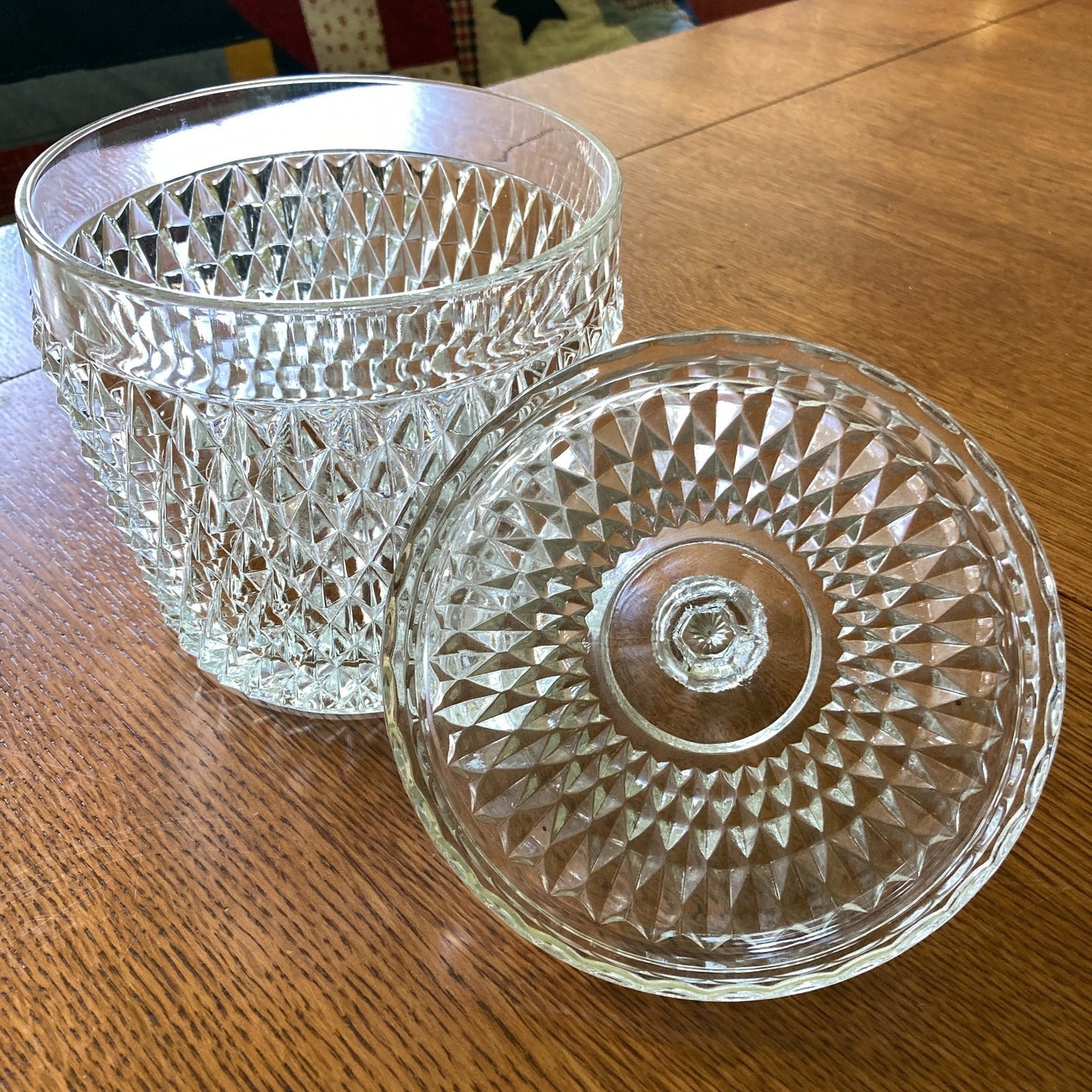 Indiana Glass Diamond Point Ice Bucket with Lid Vintage MCM Barware USA