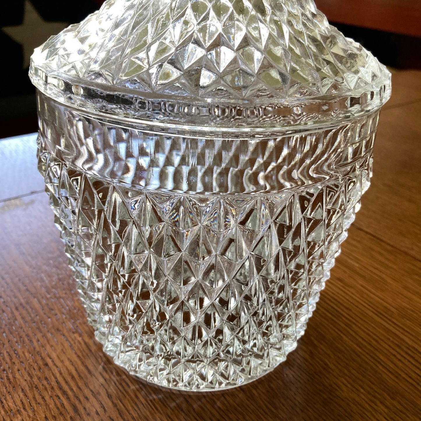 Indiana Glass Diamond Point Ice Bucket with Lid Vintage MCM Barware USA