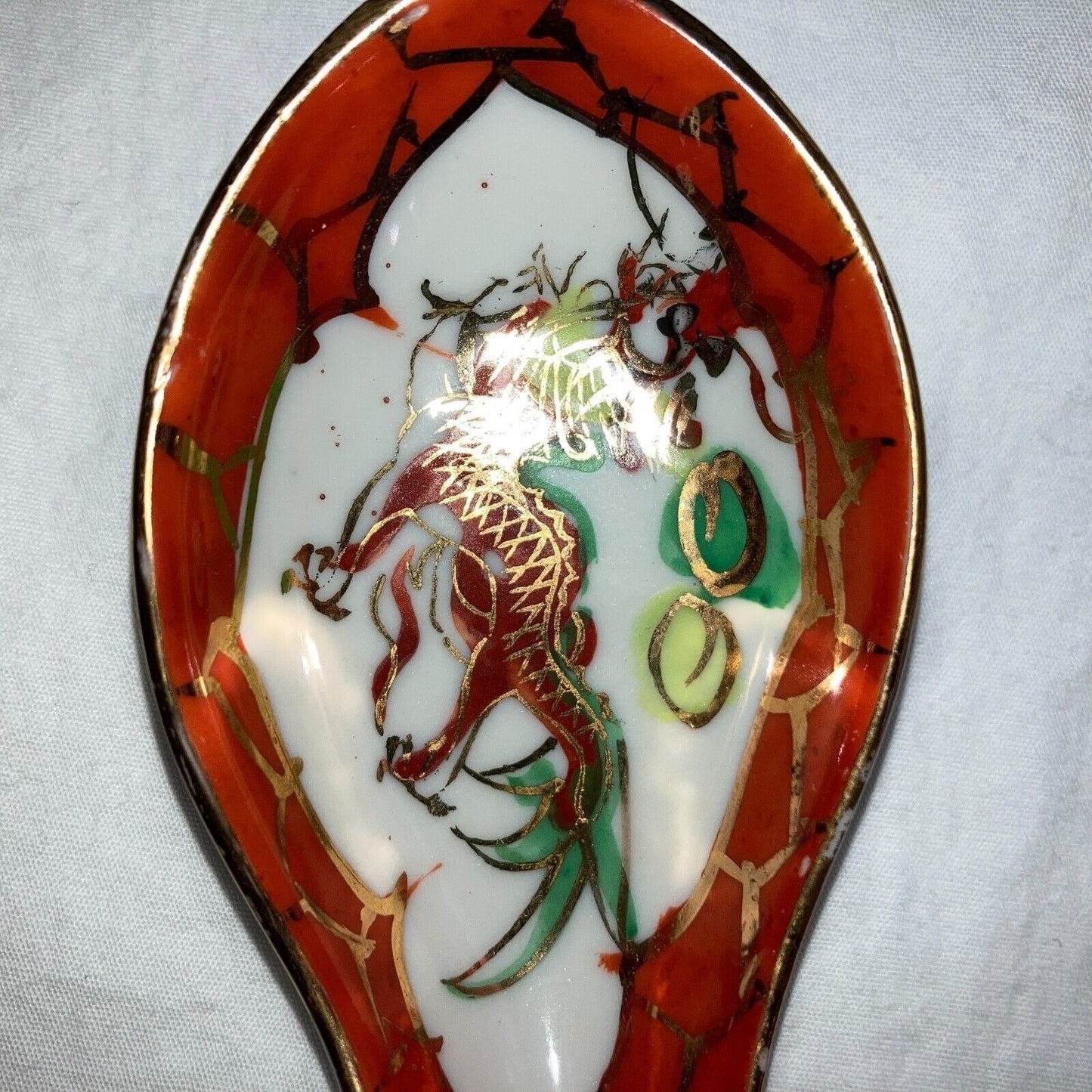 Asian Soup Spoons Lot of 4 Vintage Chinese Dragons Gold Trim Floral Famille Rose