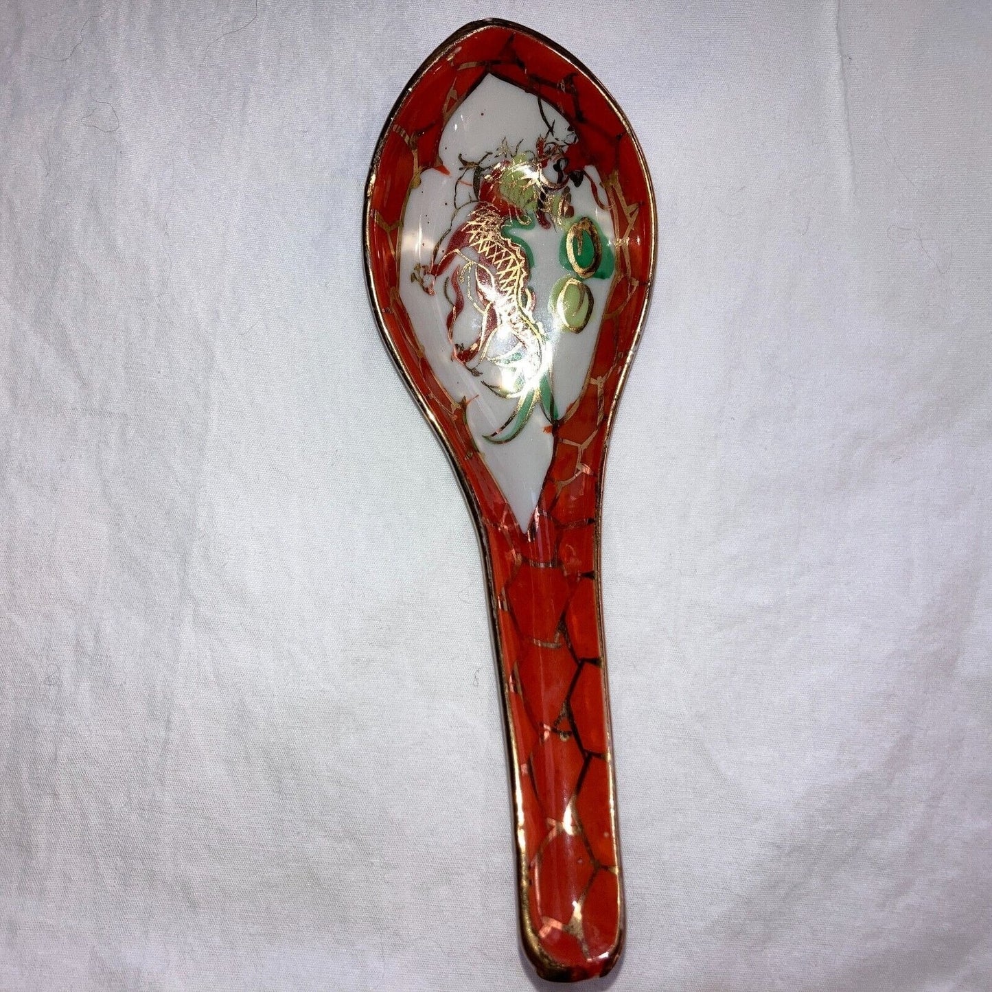 Asian Soup Spoons Lot of 4 Vintage Chinese Dragons Gold Trim Floral Famille Rose