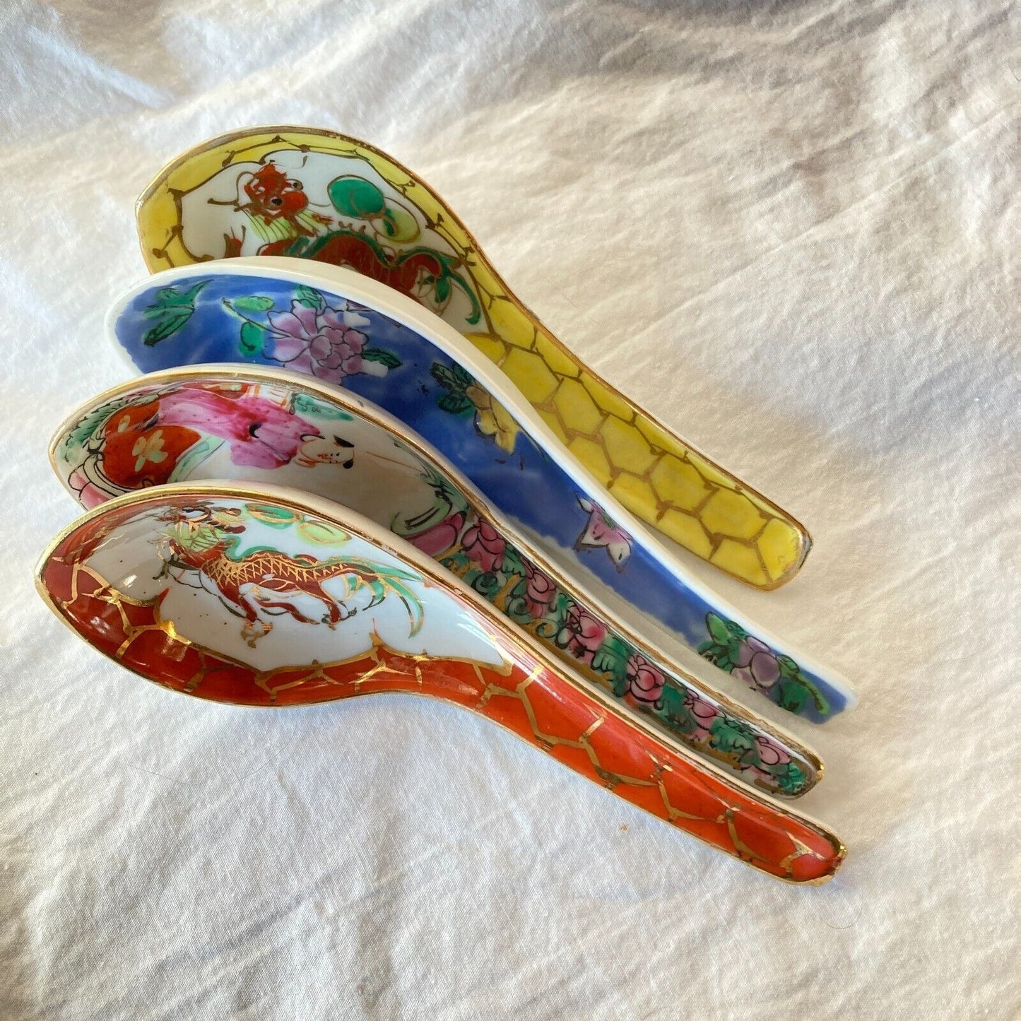 Asian Soup Spoons Lot of 4 Vintage Chinese Dragons Gold Trim Floral Famille Rose