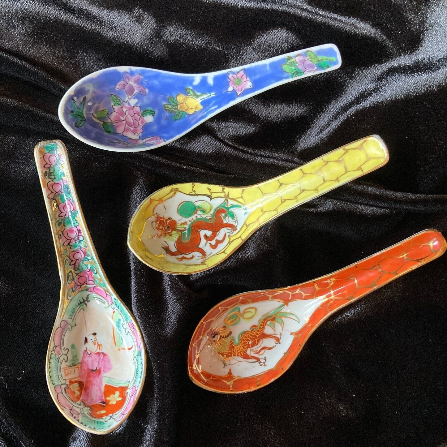 Asian Soup Spoons Lot of 4 Vintage Chinese Dragons Gold Trim Floral Famille Rose