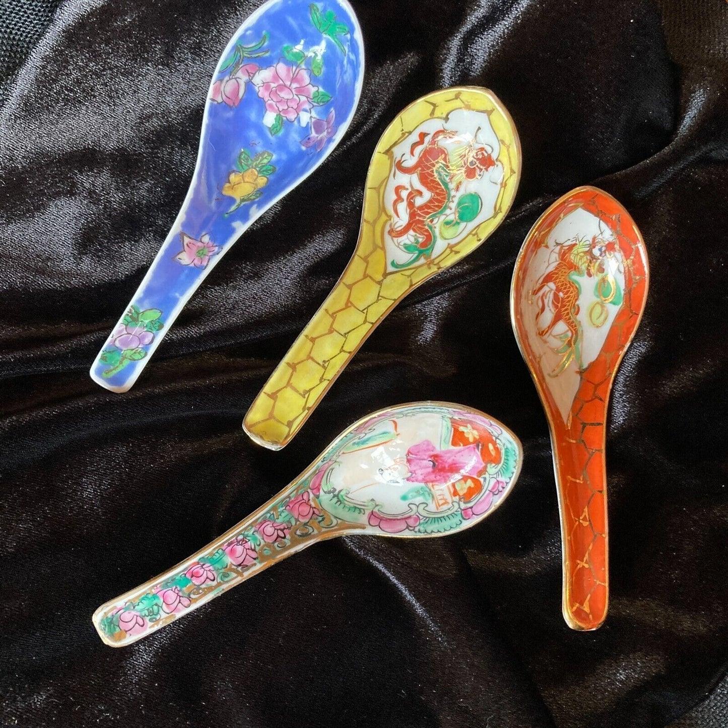 Asian Soup Spoons Lot of 4 Vintage Chinese Dragons Gold Trim Floral Famille Rose