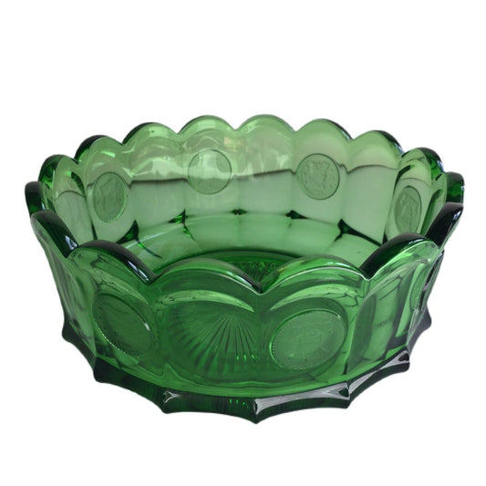 Fostoria Emerald Green Coin Pattern 7" Bowl Liberty Bell 1887 Patriot Profile 1960s USA