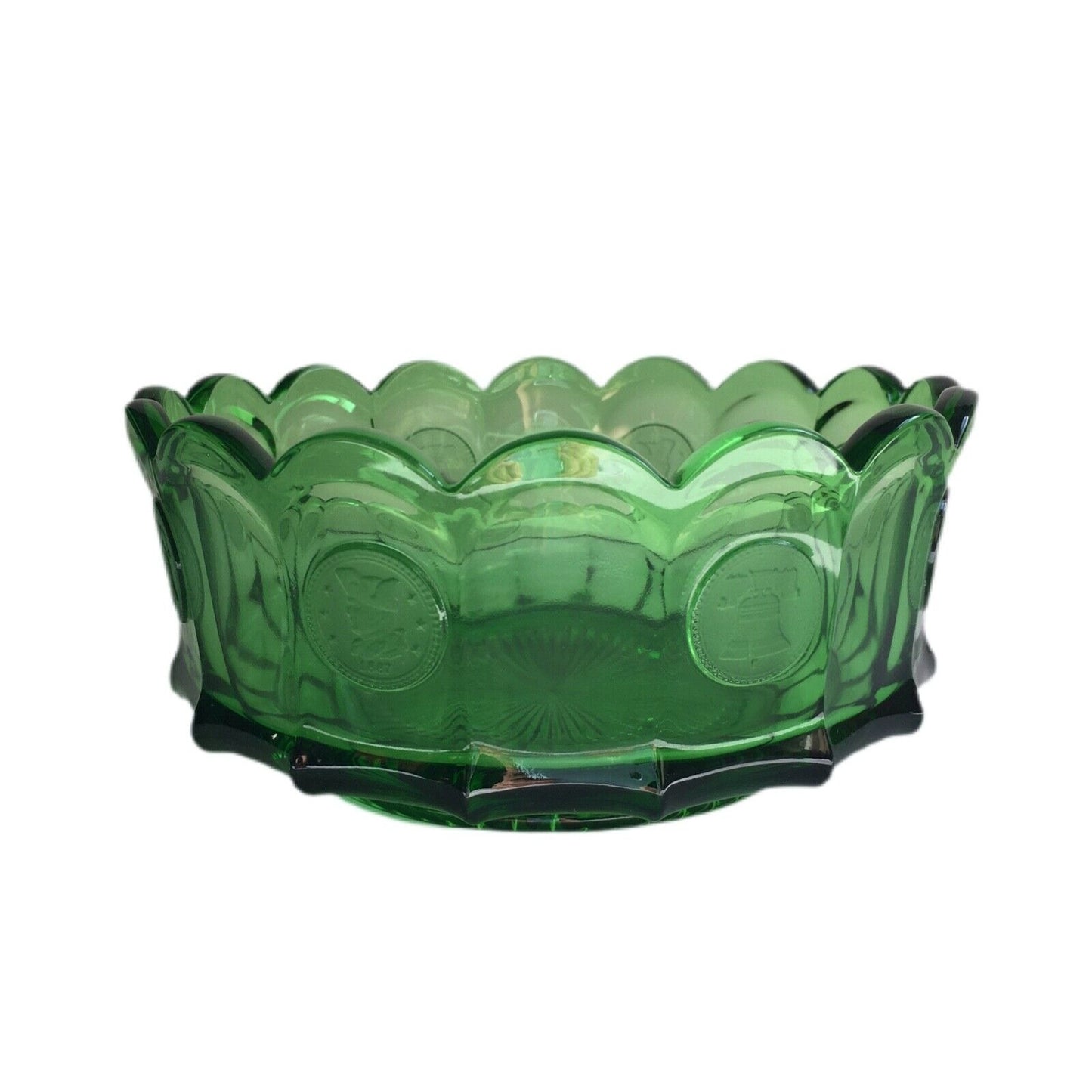 Fostoria Emerald Green Coin Pattern 7" Bowl Liberty Bell 1887 Patriot Profile 1960s USA