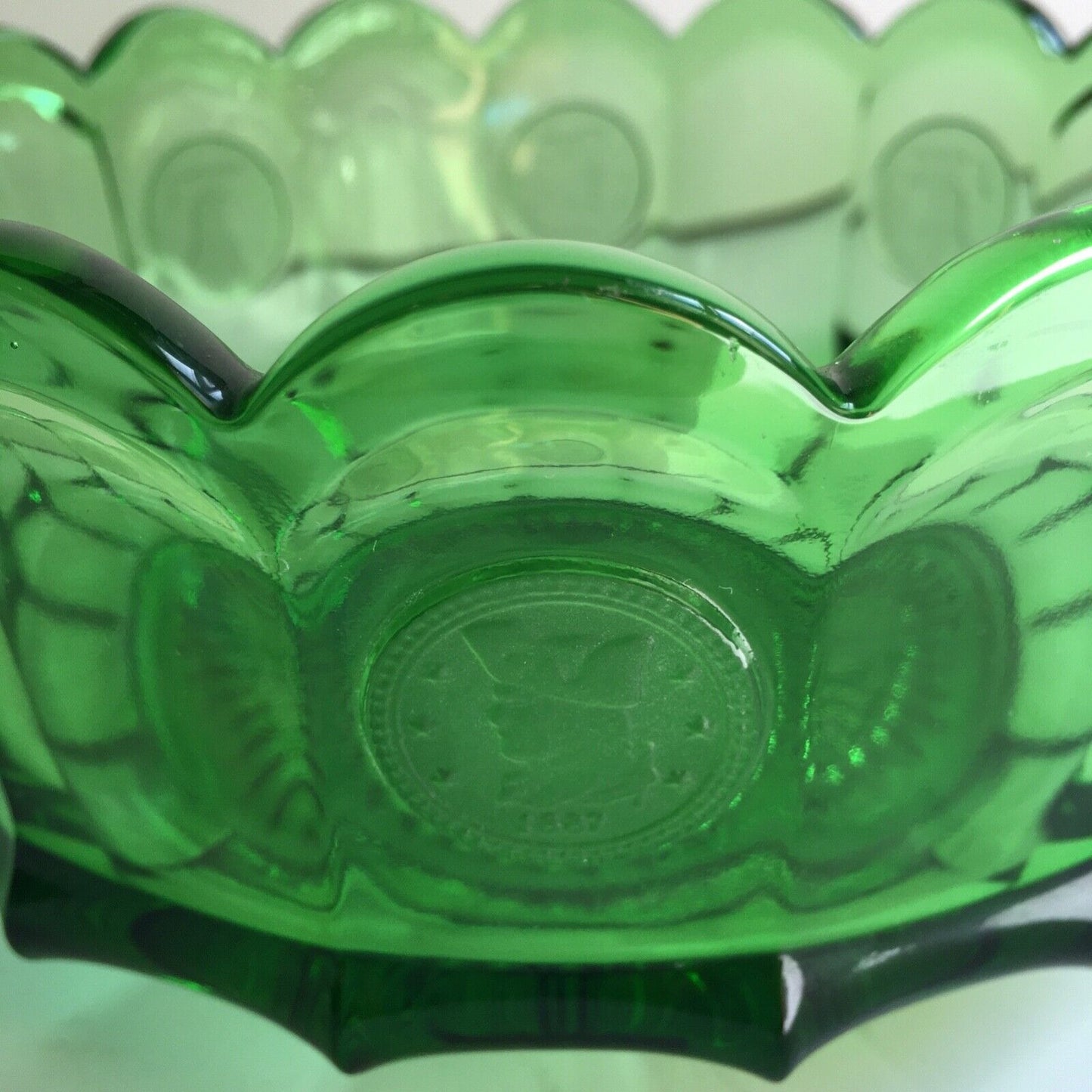 Fostoria Emerald Green Coin Pattern 7" Bowl Liberty Bell 1887 Patriot Profile 1960s USA