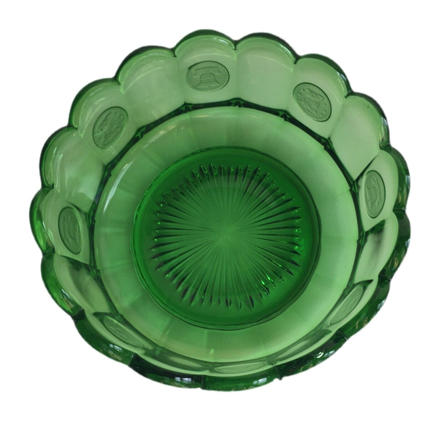 Fostoria Emerald Green Coin Pattern 7" Bowl Liberty Bell 1887 Patriot Profile 1960s USA