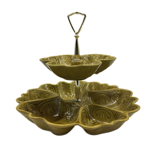 Maddux of California Double Tier Serving Tray, Vintage Maddux of Cali, Ceramic SnackTrays, MCM Avocado Green Trays, Tidbit Relish Trays