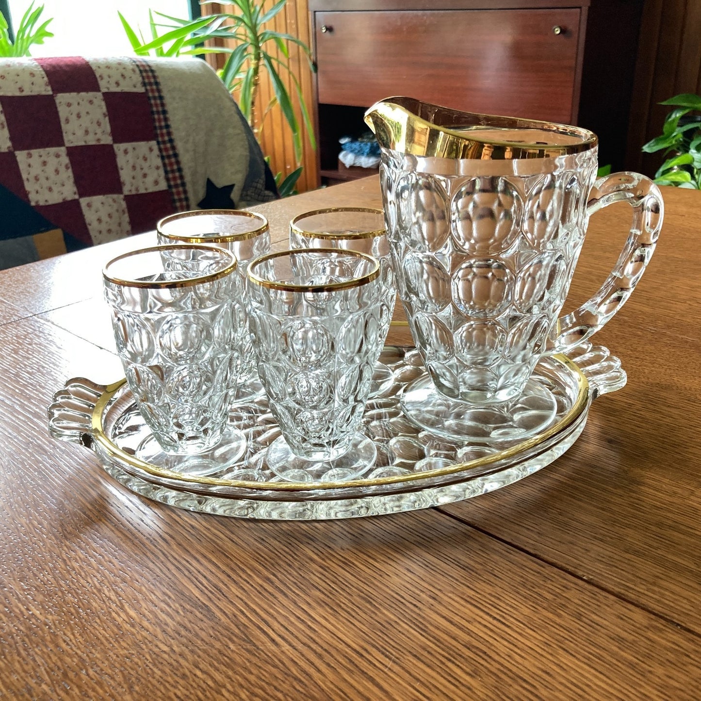Jeannette Glass Thumbprint 6-Piece Beverage Set Pitcher 4 Footed Tumblers Tray 22K Gold Trim MCM USA