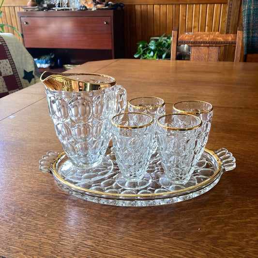 Jeannette Glass Thumbprint 6-Piece Beverage Set Pitcher 4 Footed Tumblers Tray 22K Gold Trim MCM USA