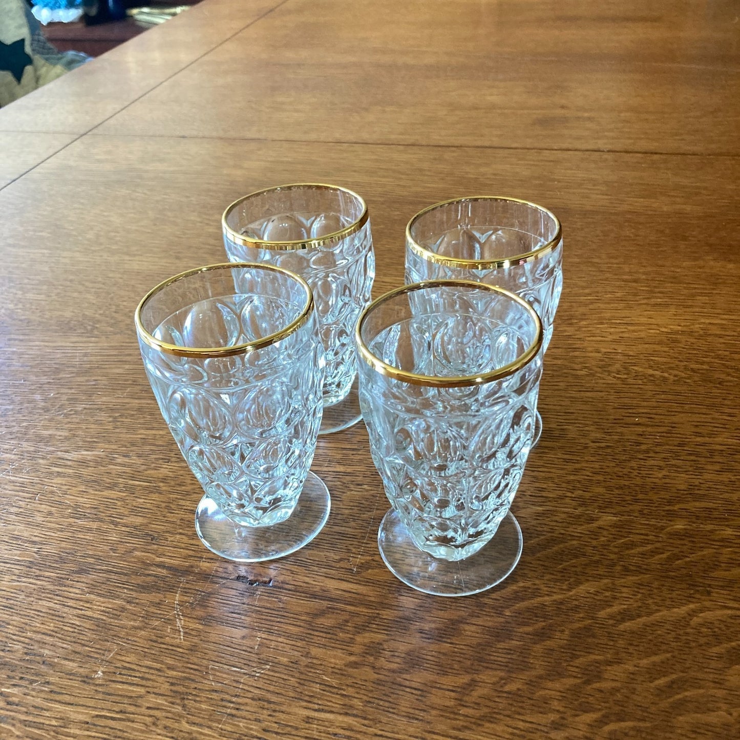 Jeannette Glass Thumbprint 6-Piece Beverage Set Pitcher 4 Footed Tumblers Tray 22K Gold Trim MCM USA