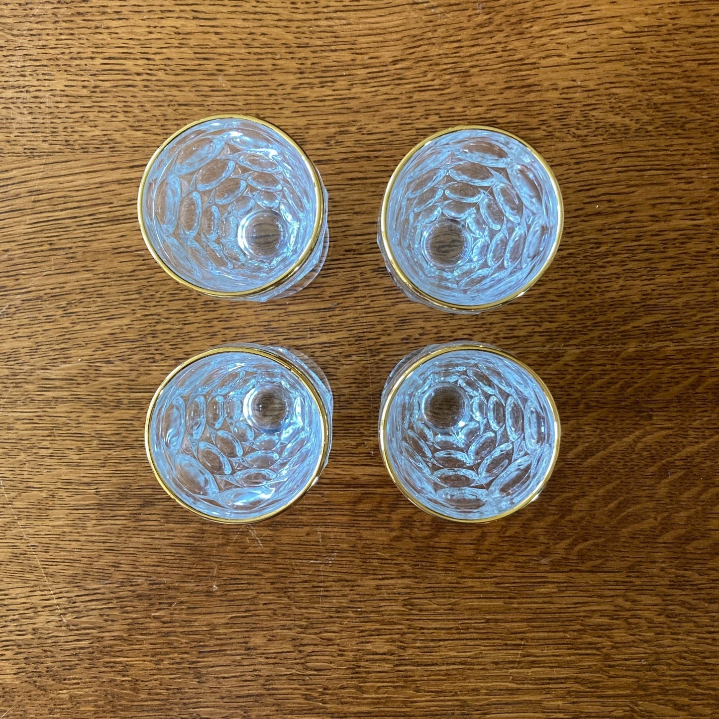 Jeannette Glass Thumbprint 6-Piece Beverage Set Pitcher 4 Footed Tumblers Tray 22K Gold Trim MCM USA