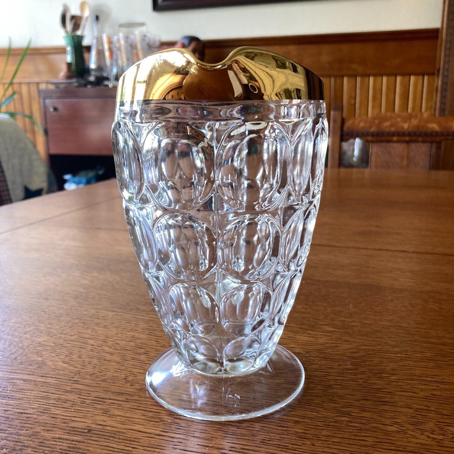 Jeannette Glass Thumbprint 6-Piece Beverage Set Pitcher 4 Footed Tumblers Tray 22K Gold Trim MCM USA
