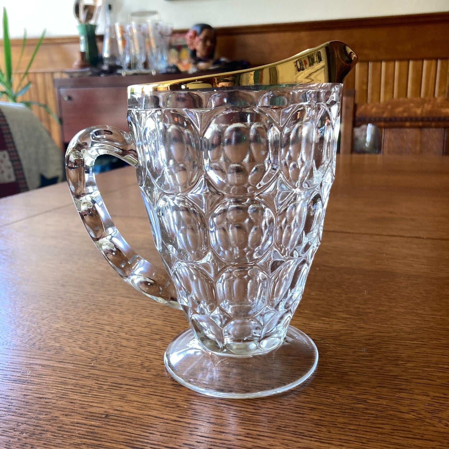 Jeannette Glass Thumbprint 6-Piece Beverage Set Pitcher 4 Footed Tumblers Tray 22K Gold Trim MCM USA