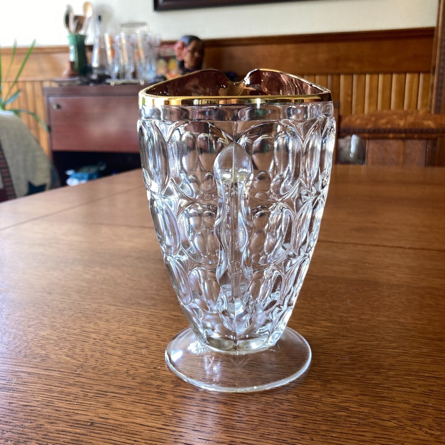 Jeannette Glass Thumbprint 6-Piece Beverage Set Pitcher 4 Footed Tumblers Tray 22K Gold Trim MCM USA