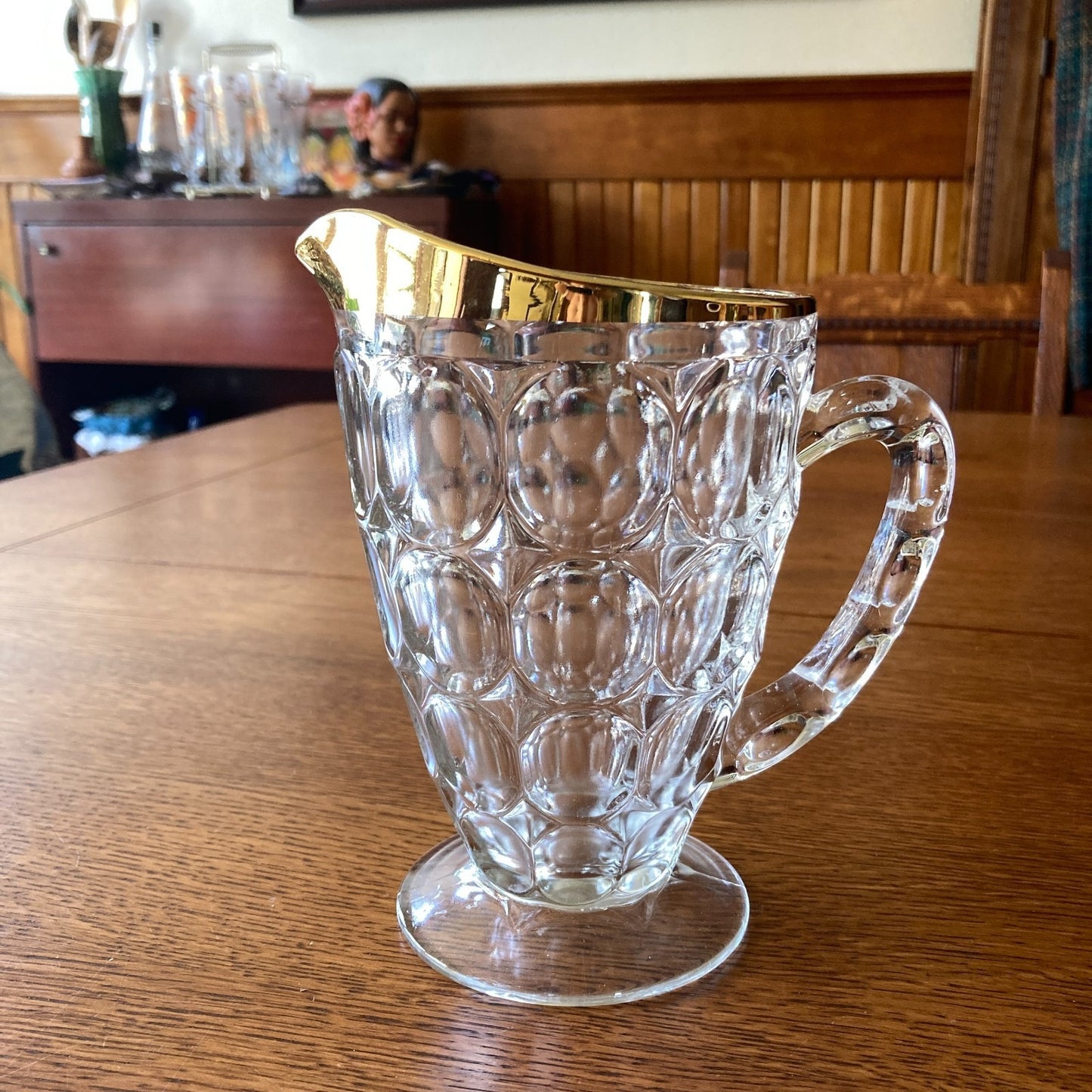 Jeannette Glass Thumbprint 6-Piece Beverage Set Pitcher 4 Footed Tumblers Tray 22K Gold Trim MCM USA