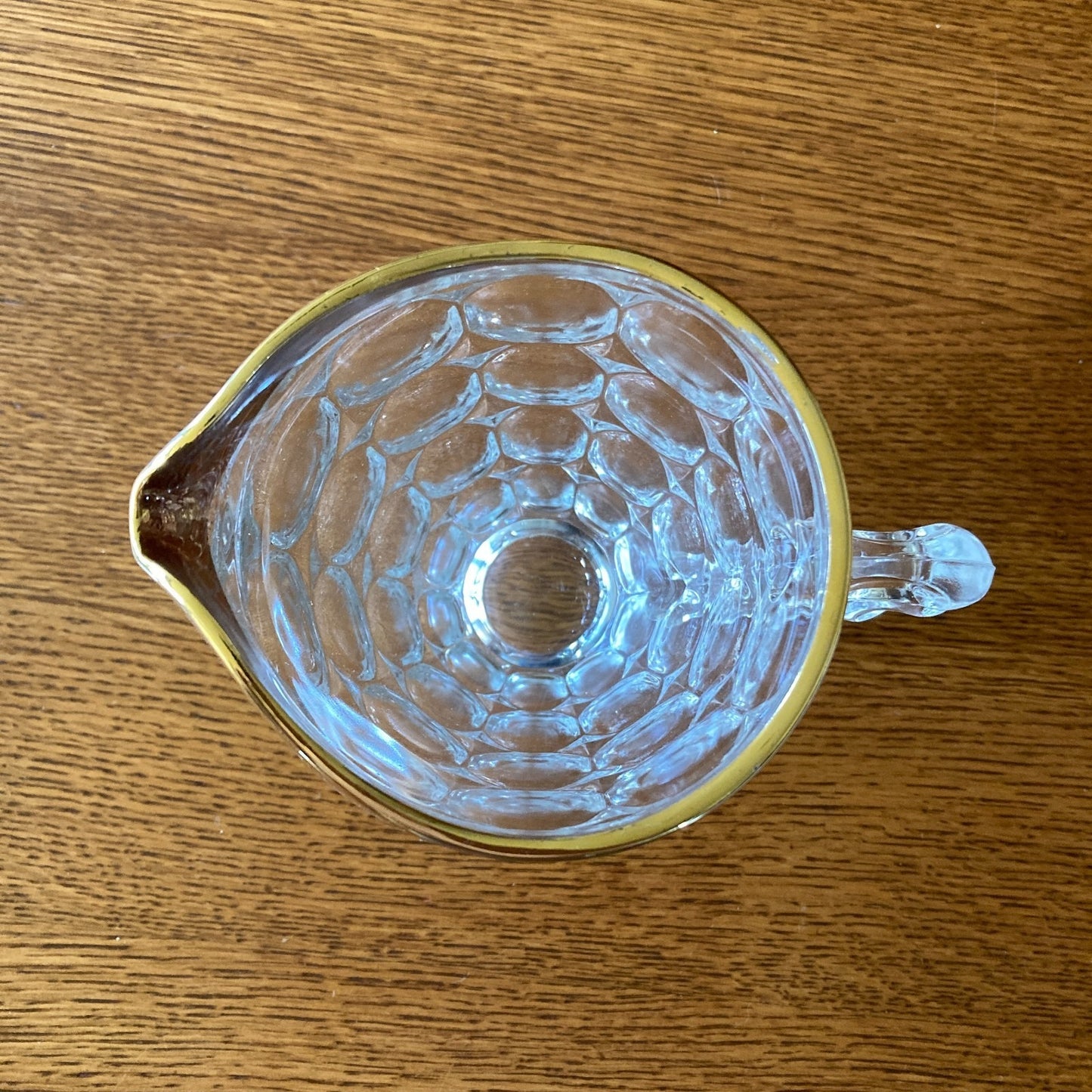Jeannette Glass Thumbprint 6-Piece Beverage Set Pitcher 4 Footed Tumblers Tray 22K Gold Trim MCM USA