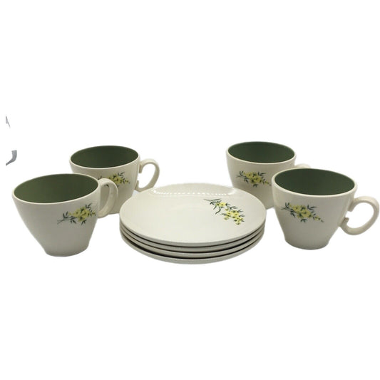 Taylor Smith & Taylor Cup & Saucer Set 4 Lemon Blossom Sage Green Interior VTG