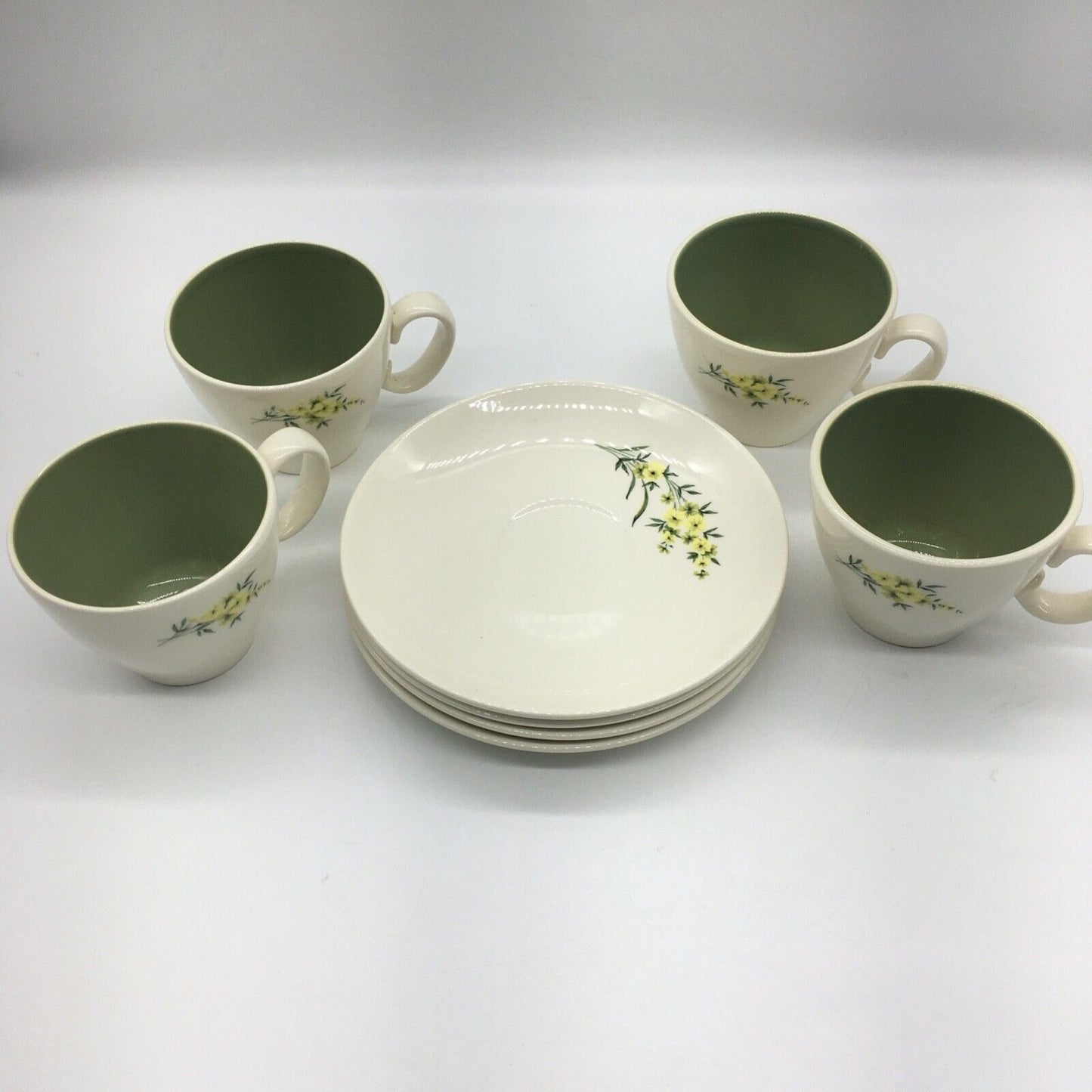 Taylor Smith & Taylor Cup & Saucer Set 4 Lemon Blossom Sage Green Interior VTG
