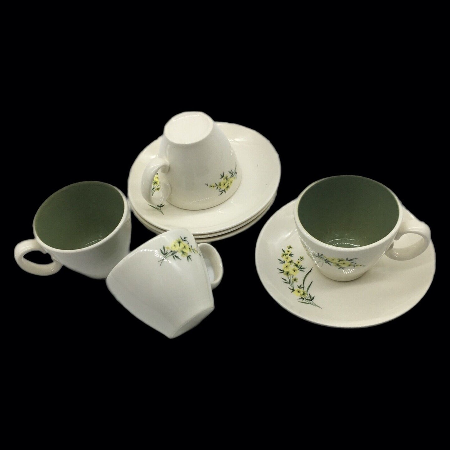 Taylor Smith & Taylor Cup & Saucer Set 4 Lemon Blossom Sage Green Interior VTG