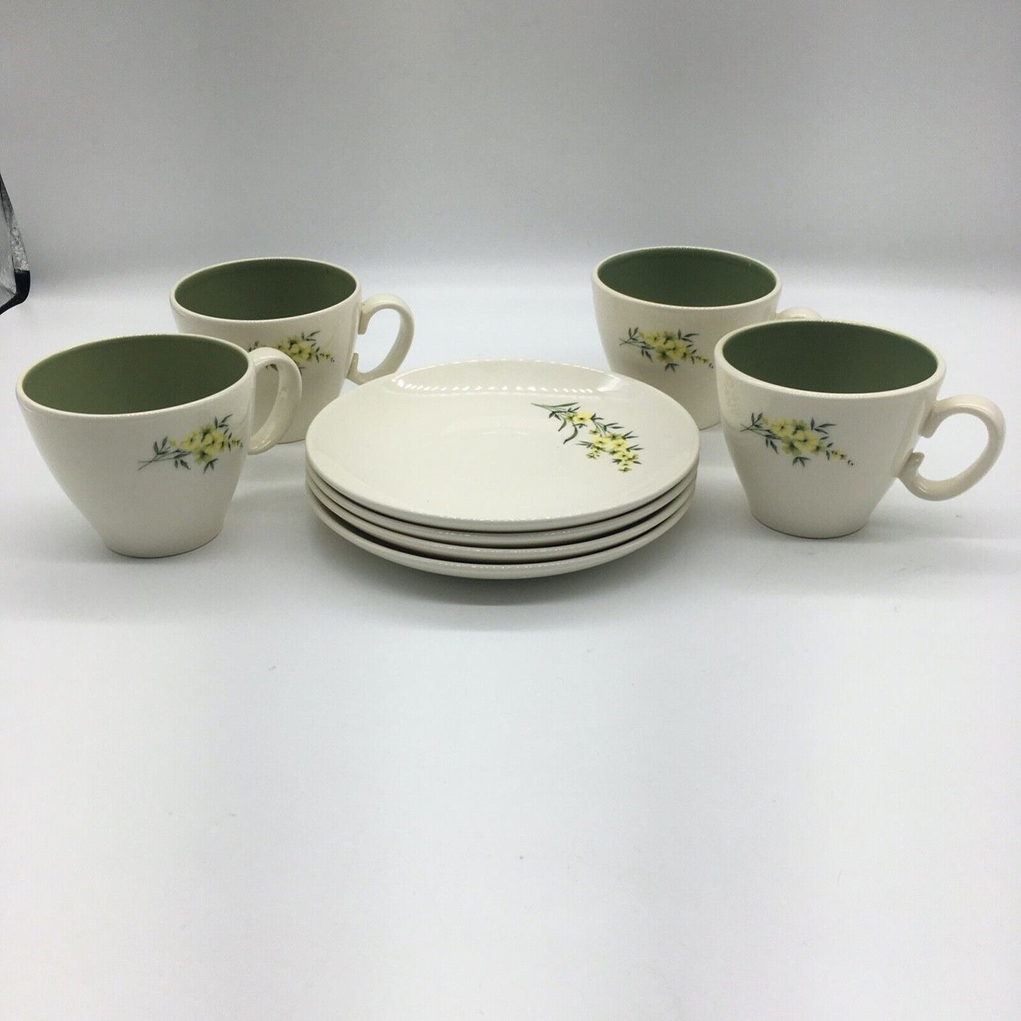 Taylor Smith & Taylor Cup & Saucer Set 4 Lemon Blossom Sage Green Interior VTG