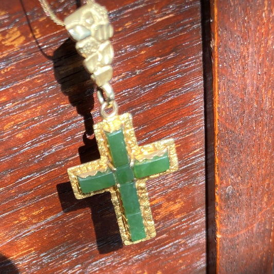 Italian 10K Gold Emerald Cross Italy with a Herringbone Balestra Chain Italy 585