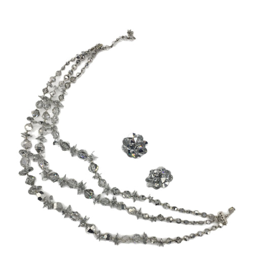 Vintage Vendome Costume Jewelry, Multi Strand Faceted Glass Bead Necklace and Clip on Earring Set